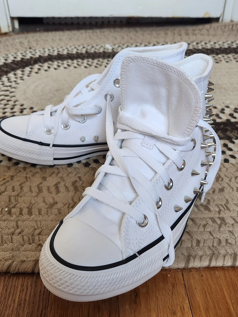 Converse White High Top Sneakers with Silver Studs